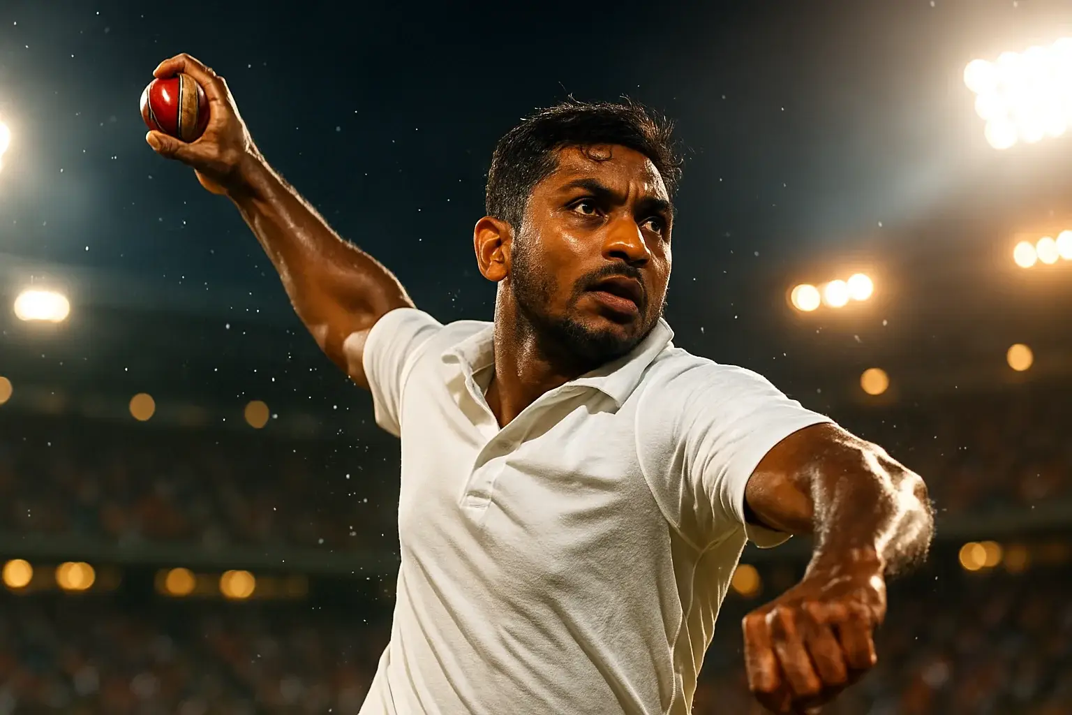 Ultra-realistic Bangladeshi cricket bowler delivering ball under stadium lights